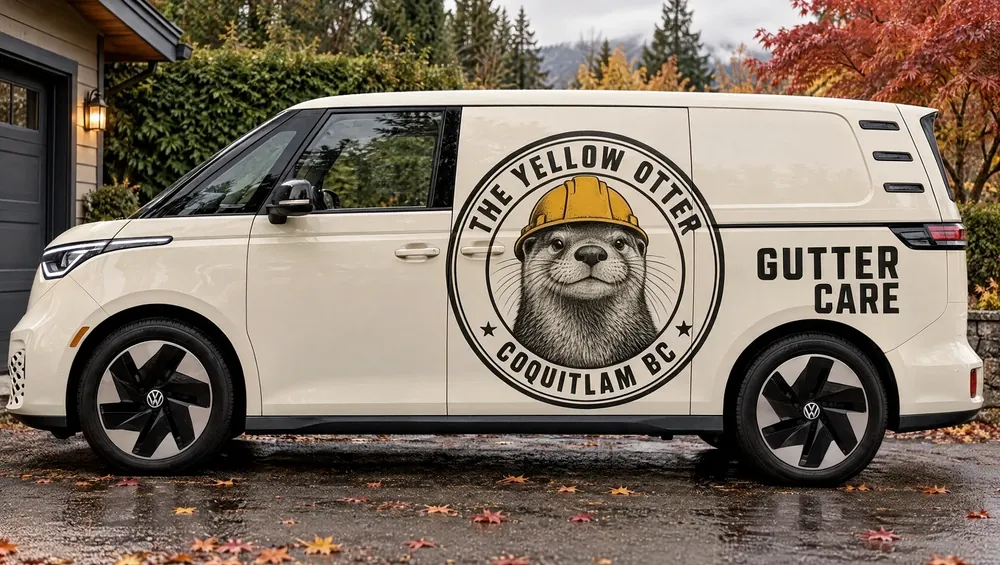 The cream Yellow Otter gutter care van parked on a wet driveway in autumn
